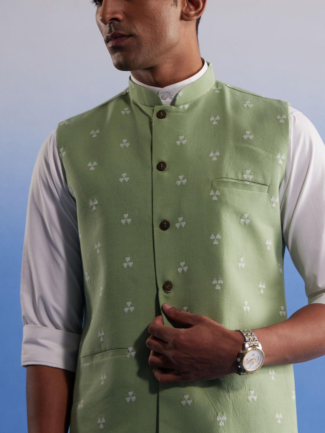Men's Green Cotton Straight Nehru Jacket