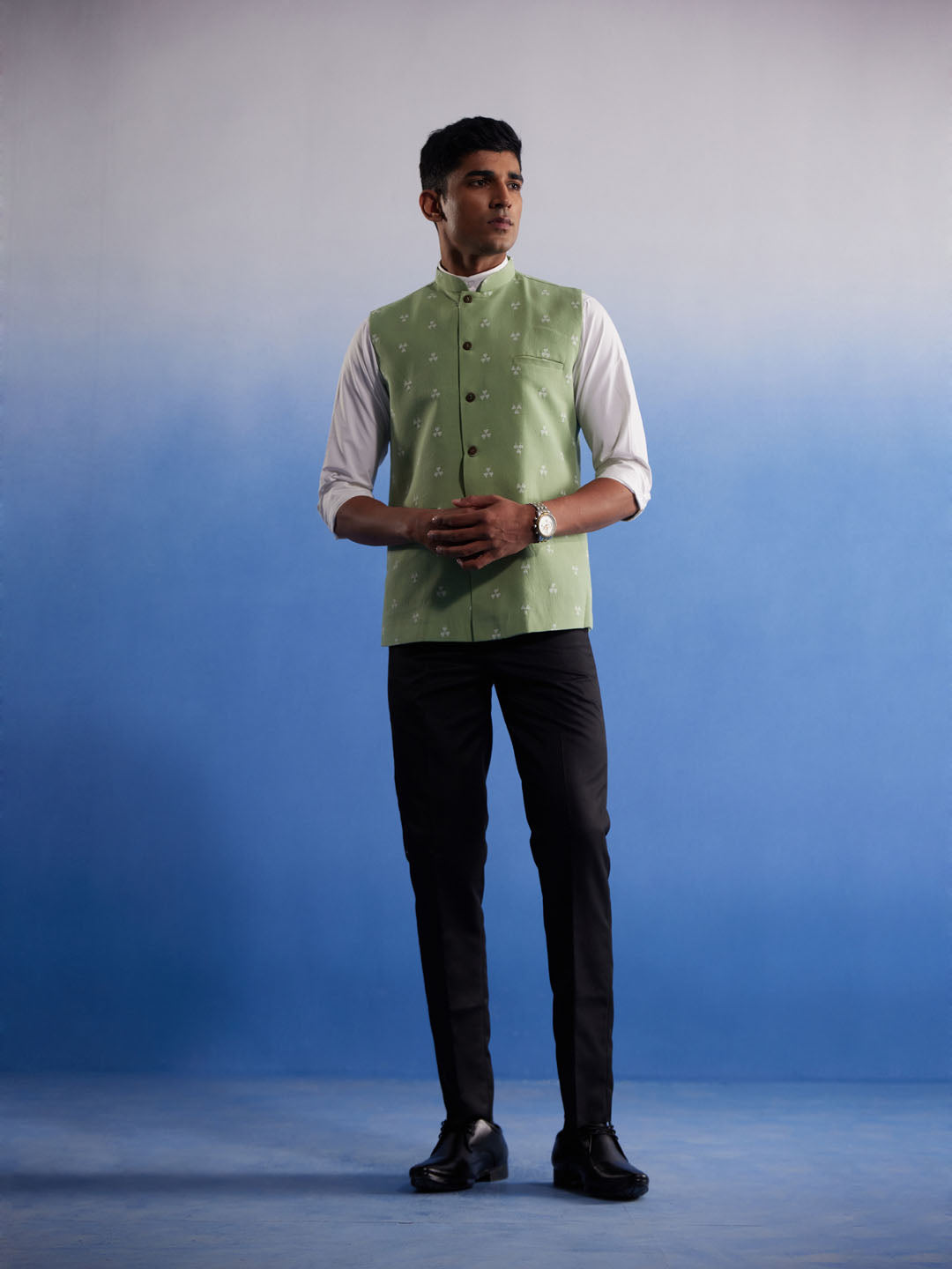 Men's Green Cotton Straight Nehru Jacket