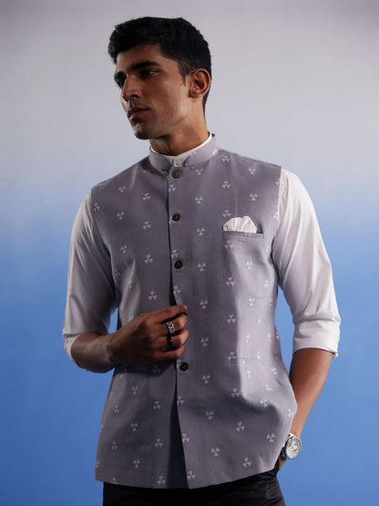 Men's Gray Cotton Straight Nehru Jacket