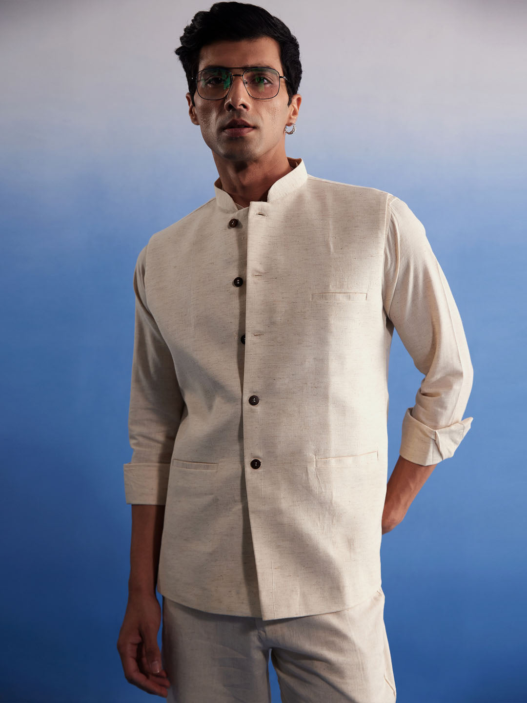 Men's Cream Cotton Straight Nehru Jacket