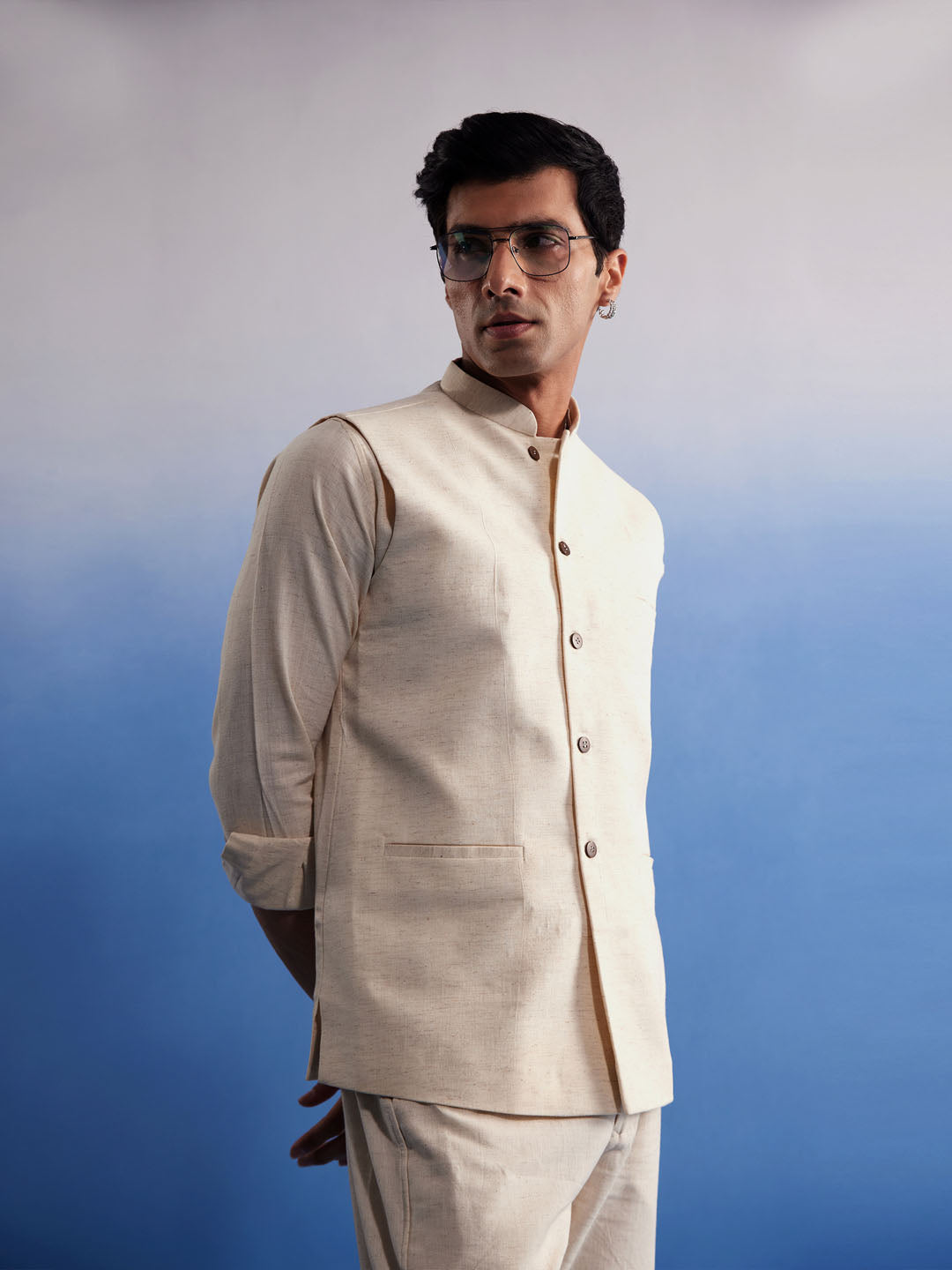 Men's Cream Cotton Straight Nehru Jacket