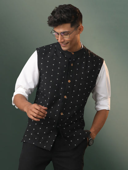 Men's Black Cotton Straight Nehru Jacket