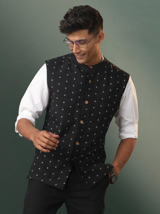 Men's Black Cotton Straight Nehru Jacket