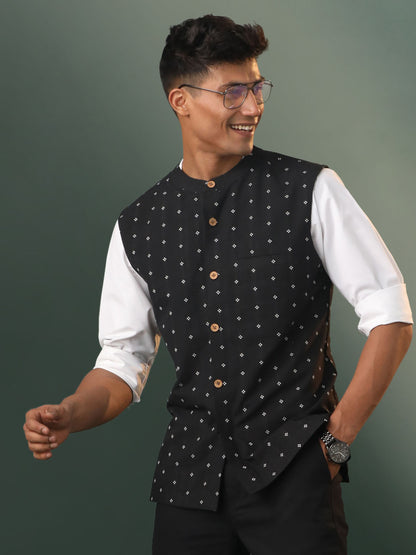 Men's Black Cotton Straight Nehru Jacket