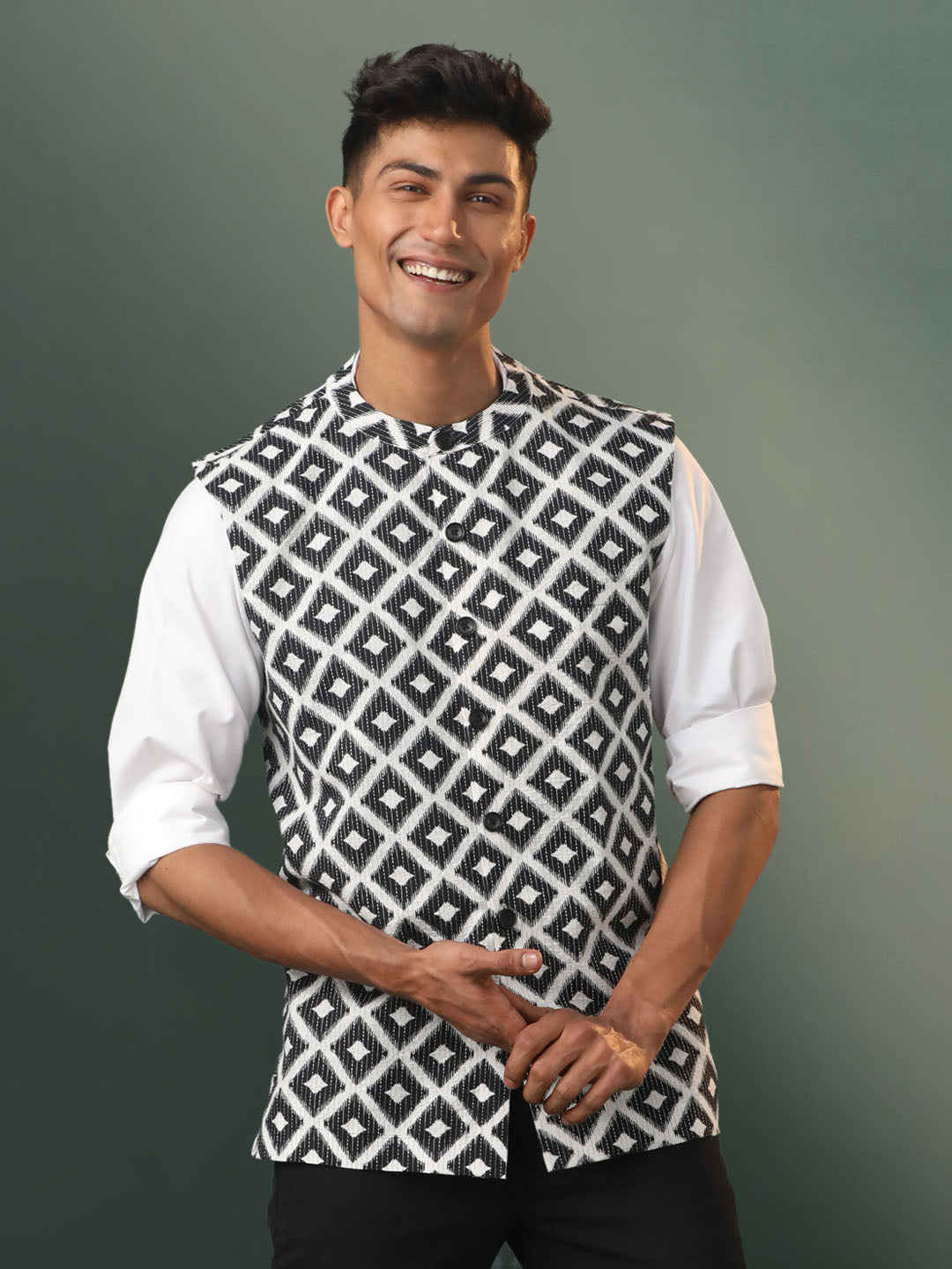 Men's Black And White Cotton Straight Nehru Jacket