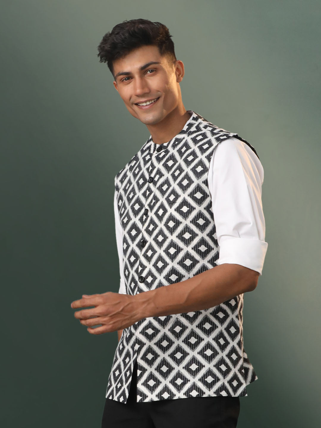 Men's Black And White Cotton Straight Nehru Jacket