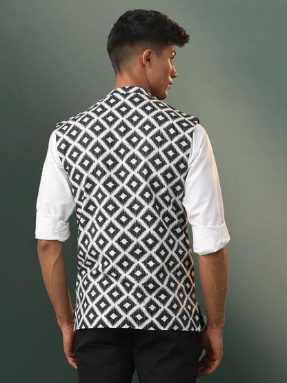 Men's Black And White Cotton Straight Nehru Jacket