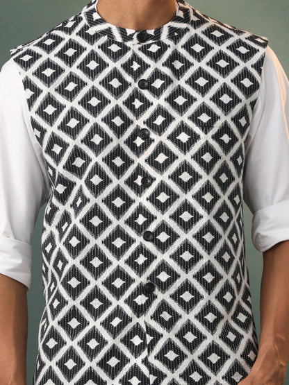 Men's Black And White Cotton Straight Nehru Jacket