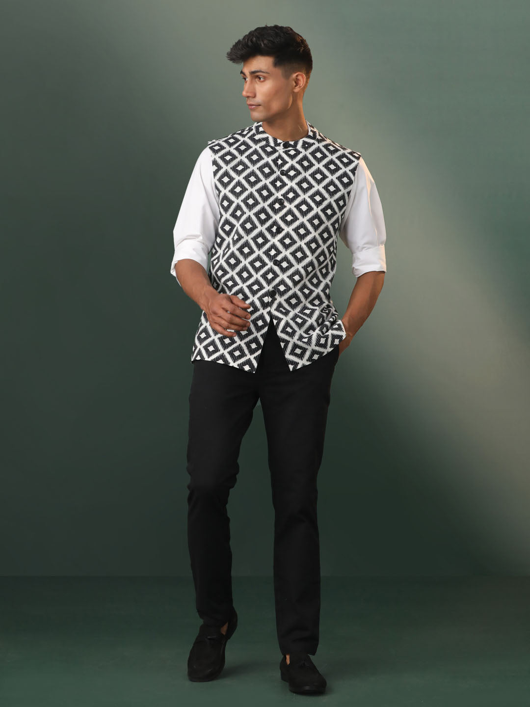 Men's Black And White Cotton Straight Nehru Jacket