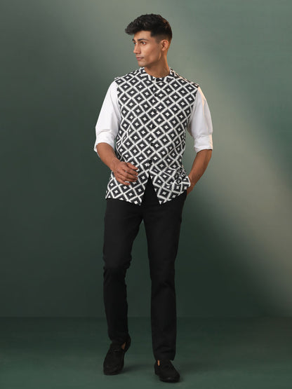 Men's Black And White Cotton Straight Nehru Jacket