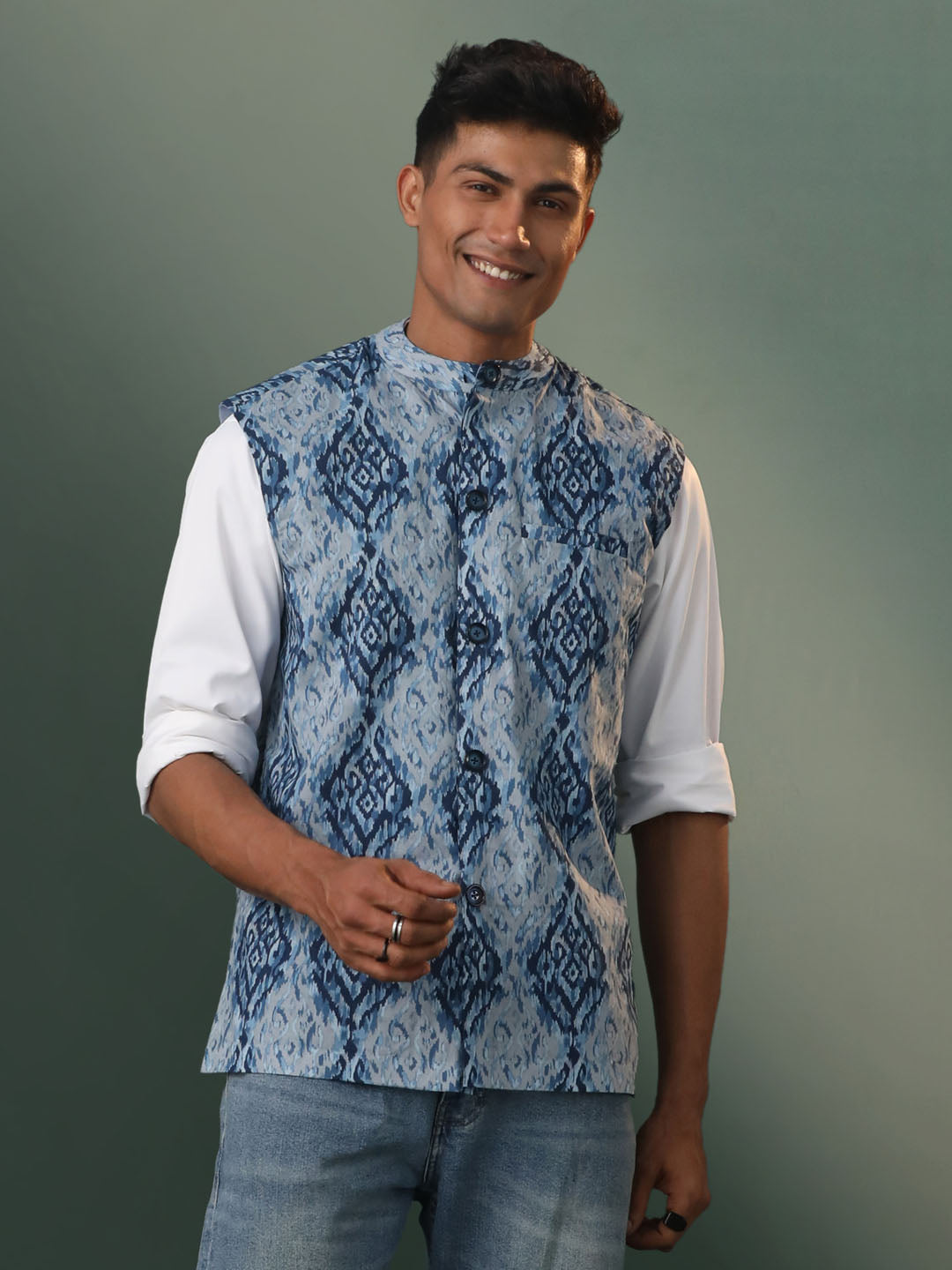 Men's Indigo Blue Cotton Straight Nehru Jacket