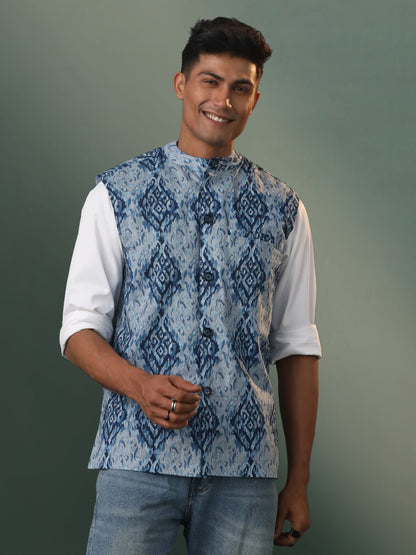 Men's Indigo Blue Cotton Straight Nehru Jacket