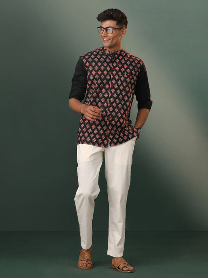 Men's Black Cotton Straight Nehru Jacket