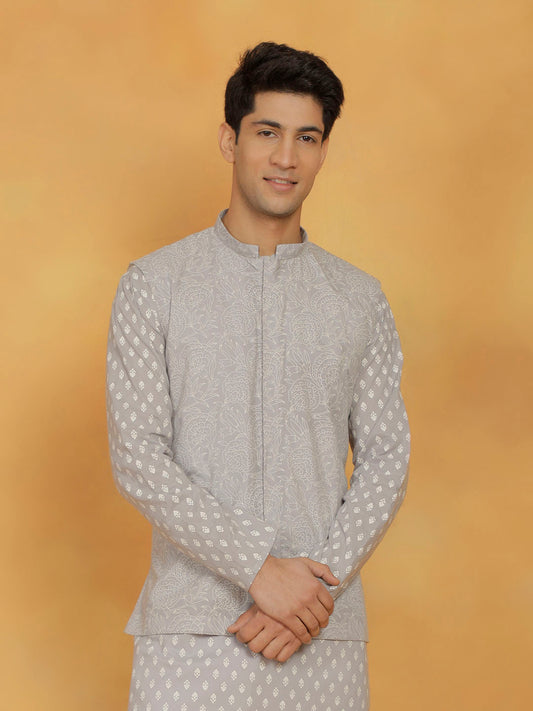 Men's Gray Cotton Straight Nehru Jacket