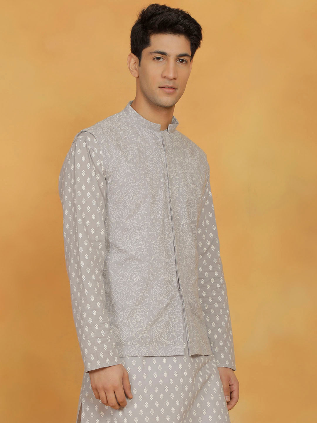 Men's Gray Cotton Straight Nehru Jacket