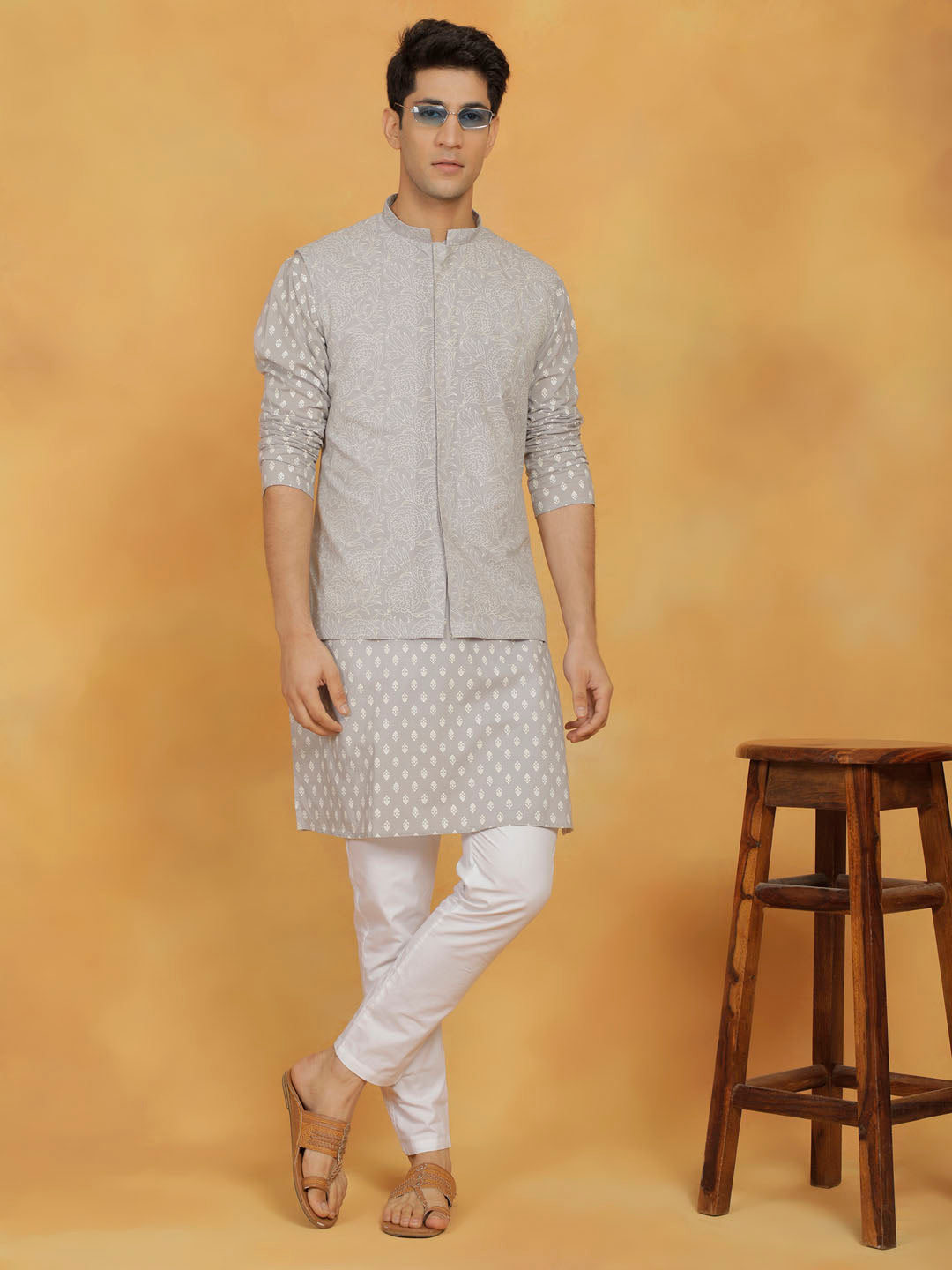Men's Gray Cotton Straight Nehru Jacket