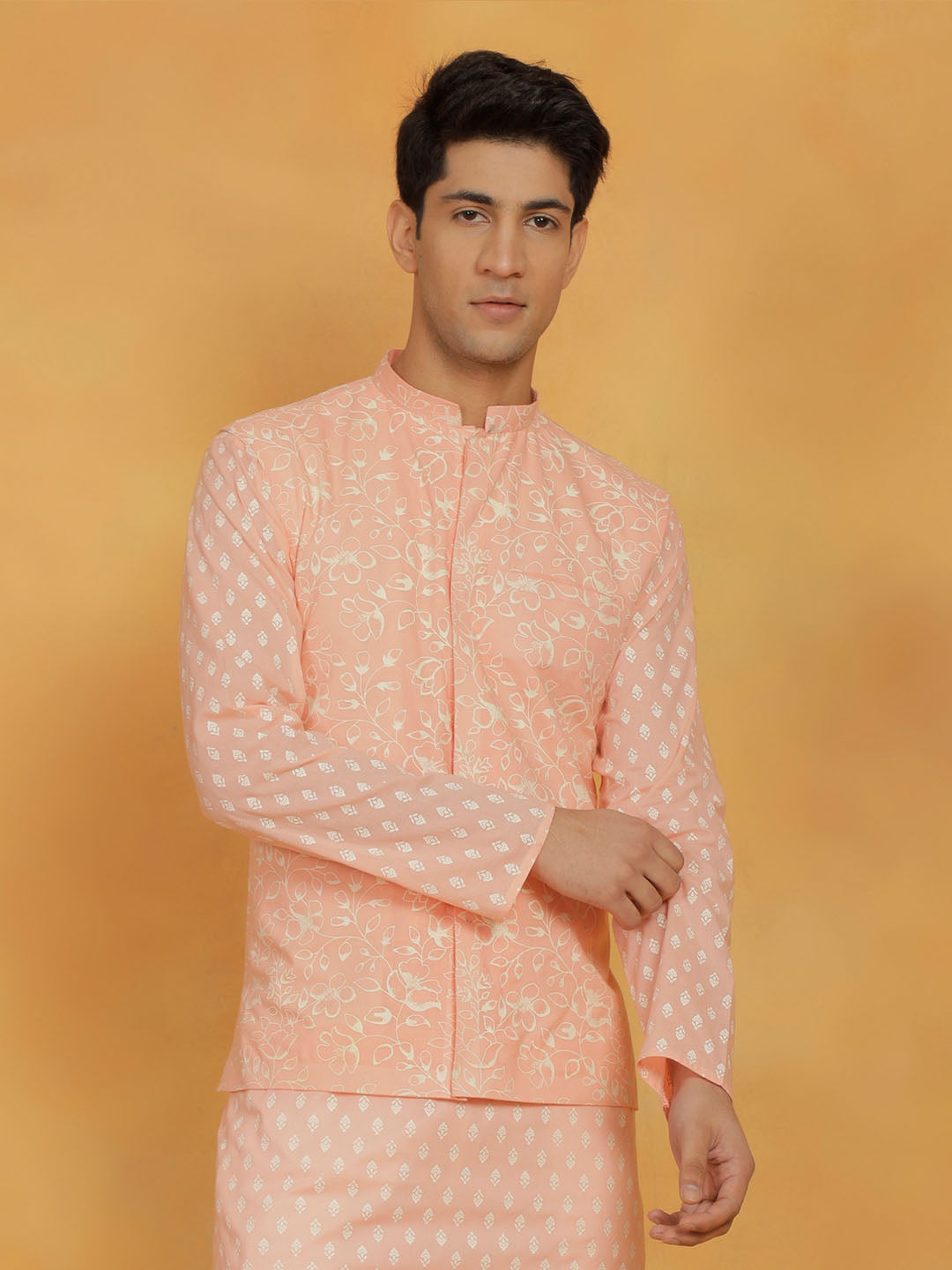 Men's Peach Cotton Straight Nehru Jacket