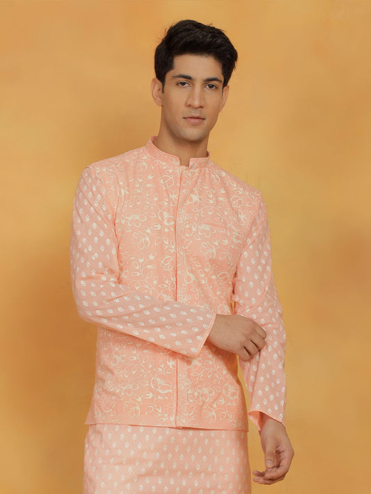 Men's Peach Cotton Straight Nehru Jacket