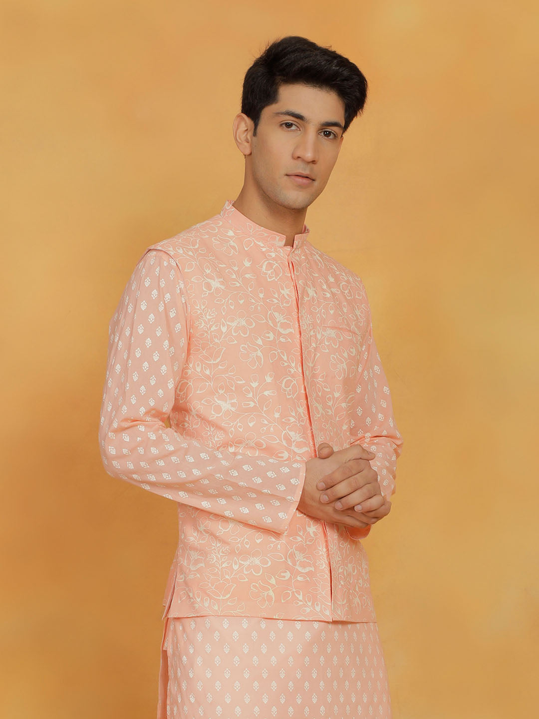 Men's Peach Cotton Straight Nehru Jacket