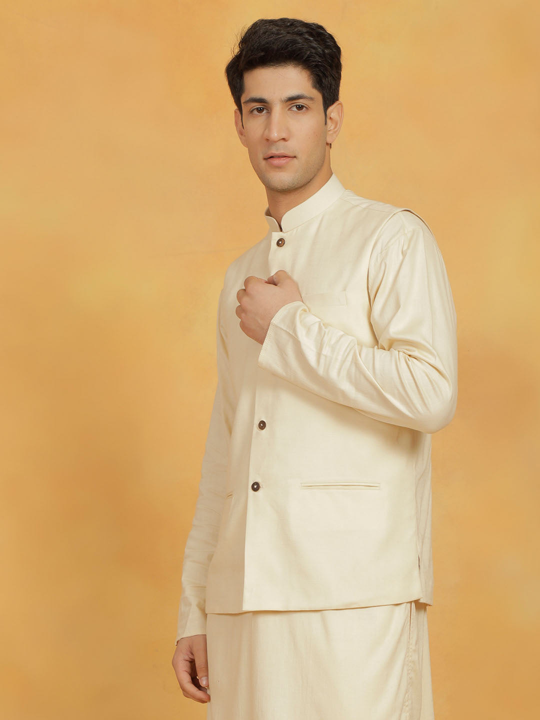 Men's Cream Cotton Straight Nehru Jacket