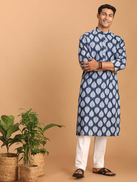 Men's Blue Cotton Straight Kurta Pyjama Set