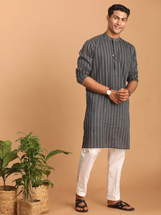 Men's Grey Cotton Straight Kurta Pyjama Set