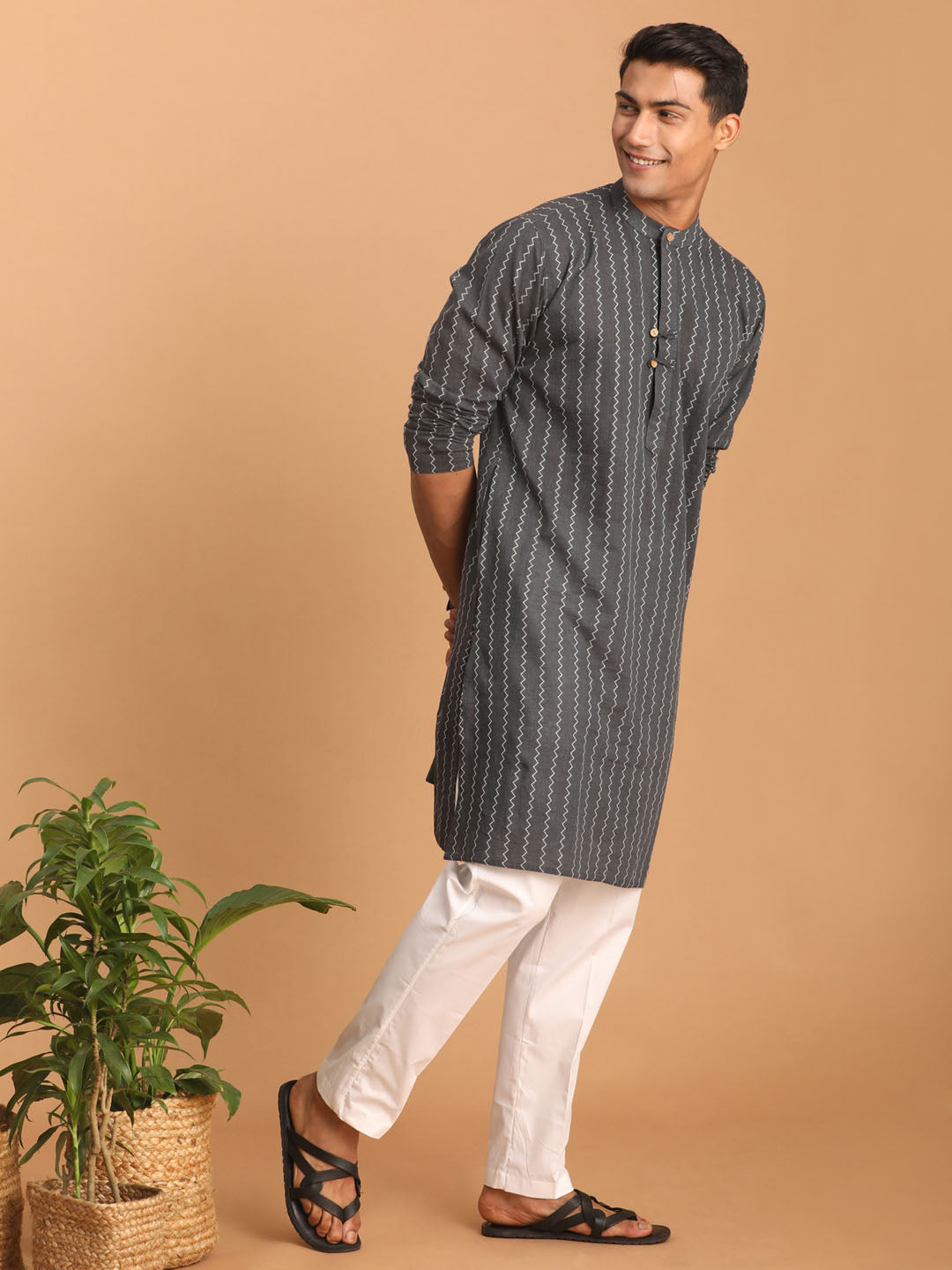 Men's Grey Cotton Straight Kurta Pyjama Set