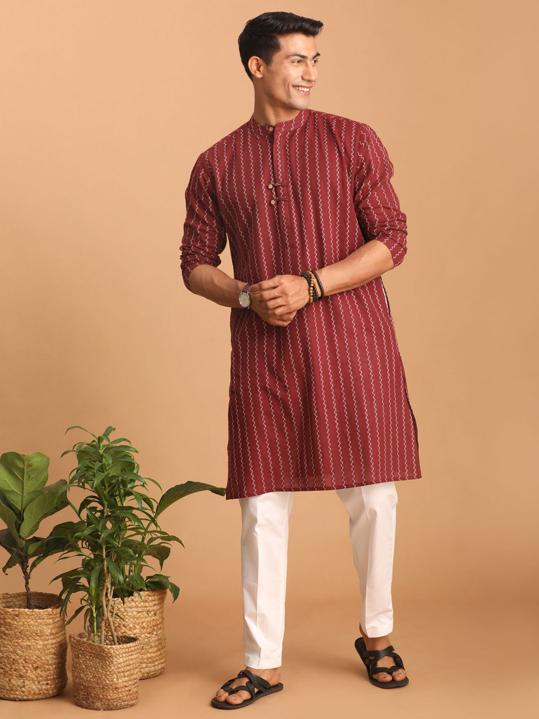 Men's Maroon Cotton Straight Kurta Pyjama Set