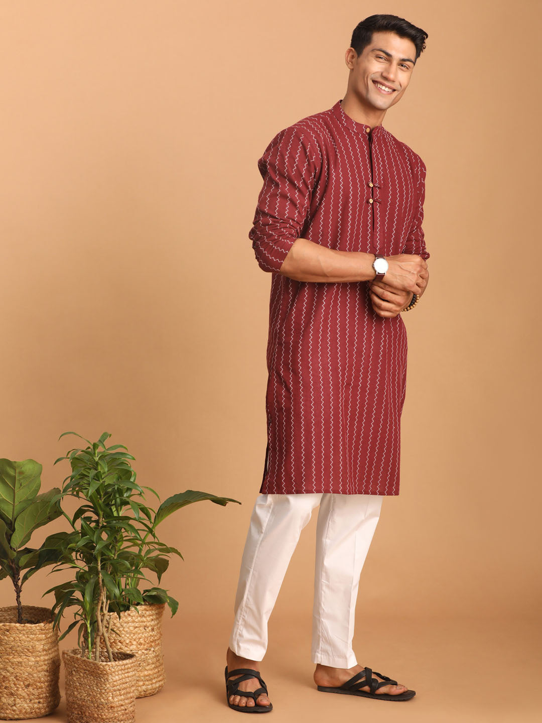 Men's Maroon Cotton Straight Kurta Pyjama Set