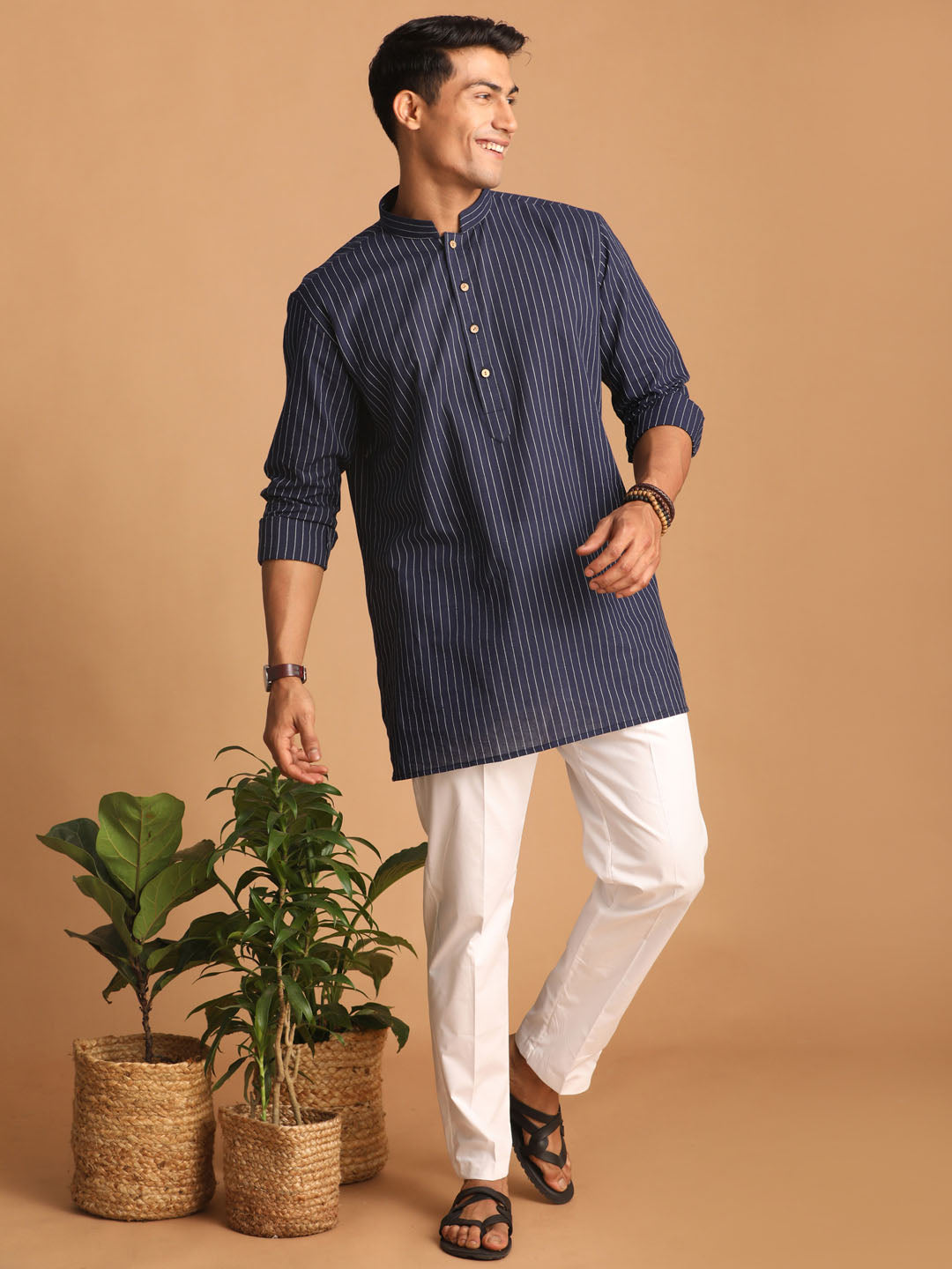 Men's Navy Blue Cotton Straight Kurta Pyjama Set