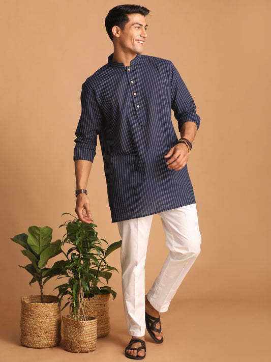 Men's Navy Blue Cotton Straight Kurta Pyjama Set
