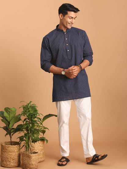 Men's Navy Blue Cotton Straight Kurta Pyjama Set