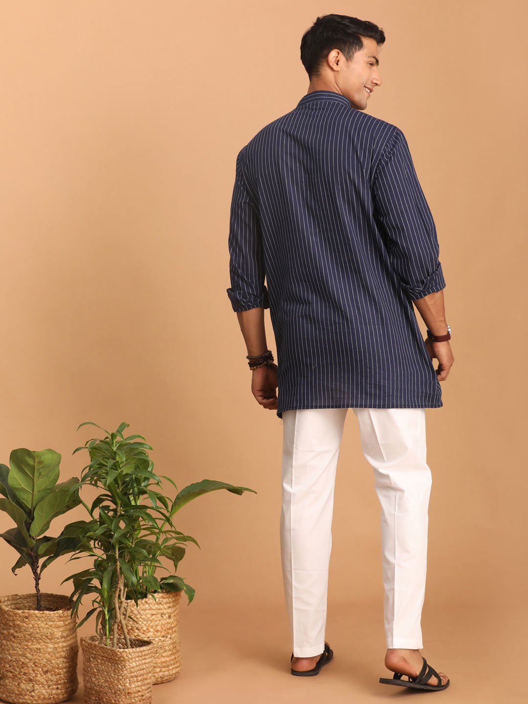 Men's Navy Blue Cotton Straight Kurta Pyjama Set