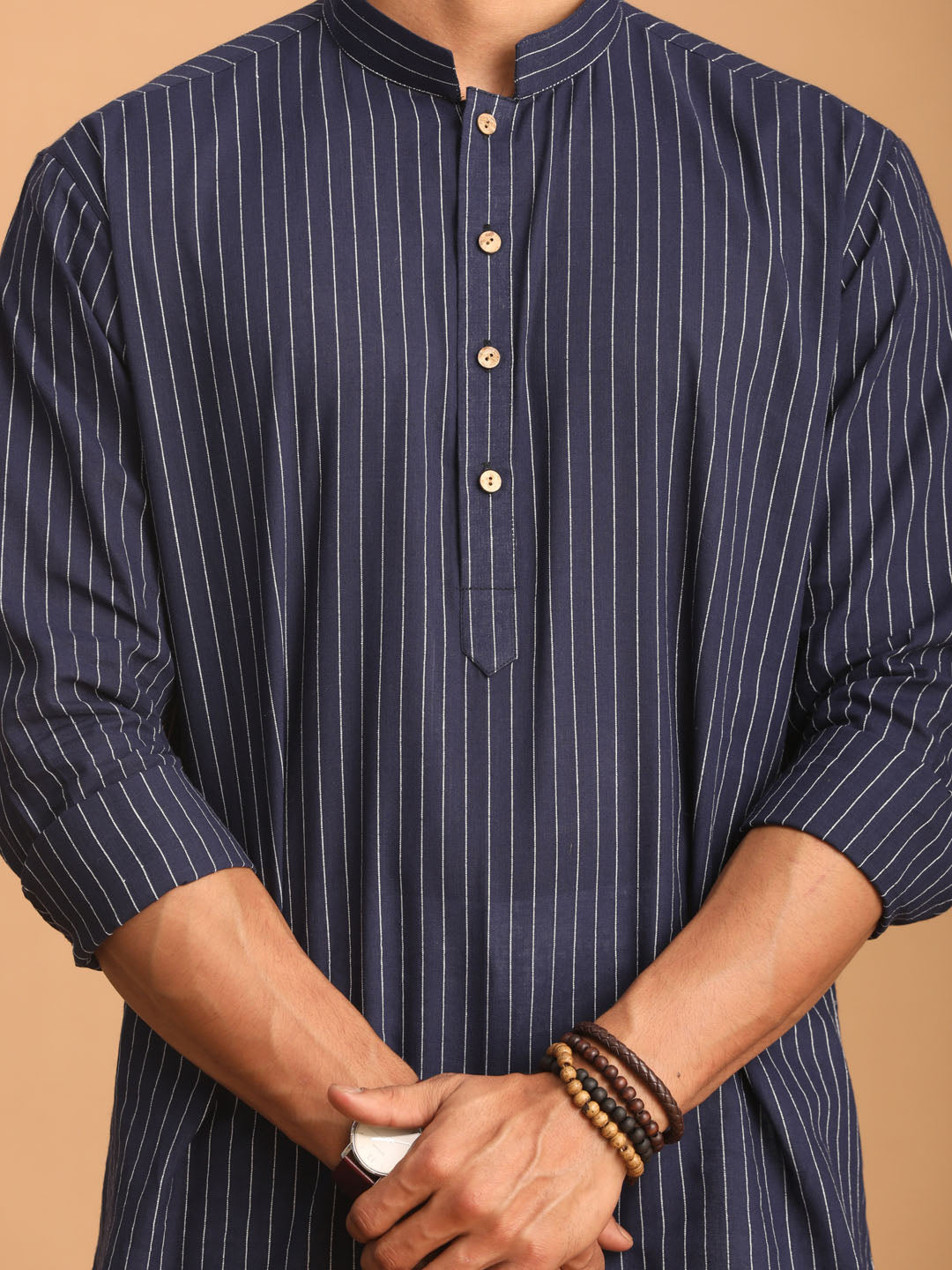 Men's Navy Blue Cotton Straight Kurta Pyjama Set