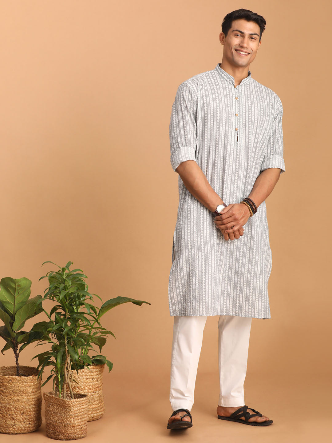 Men's Grey Cotton Straight Kurta Pyjama Set