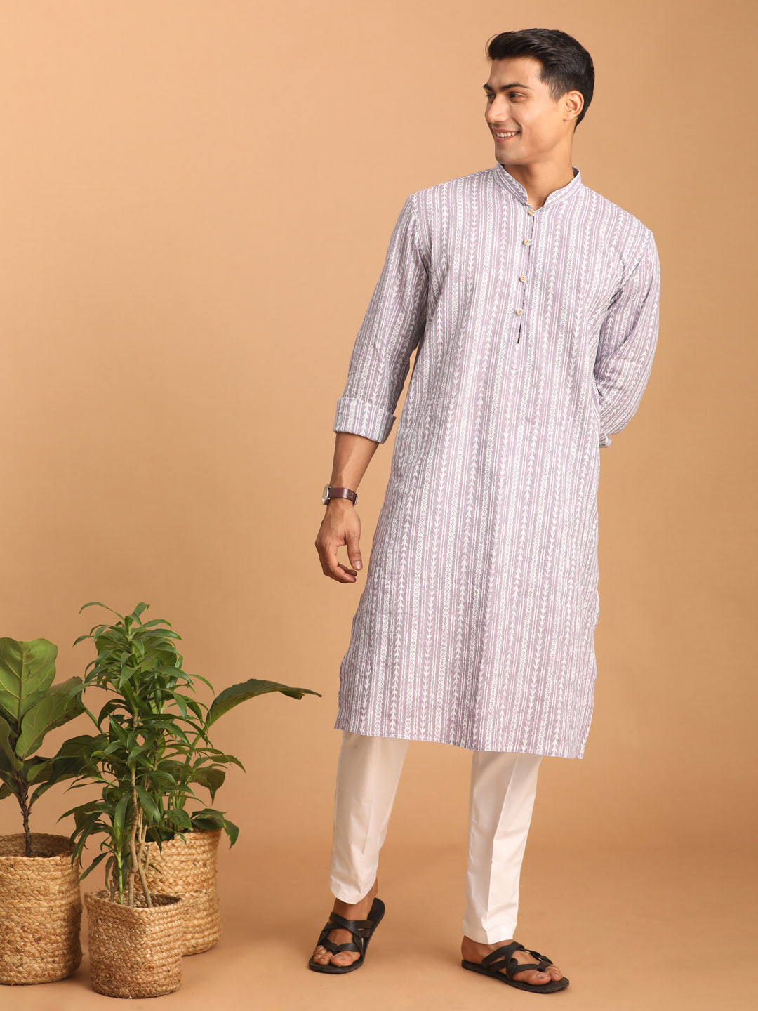 Men's Purple Cotton Straight Kurta Pyjama Set
