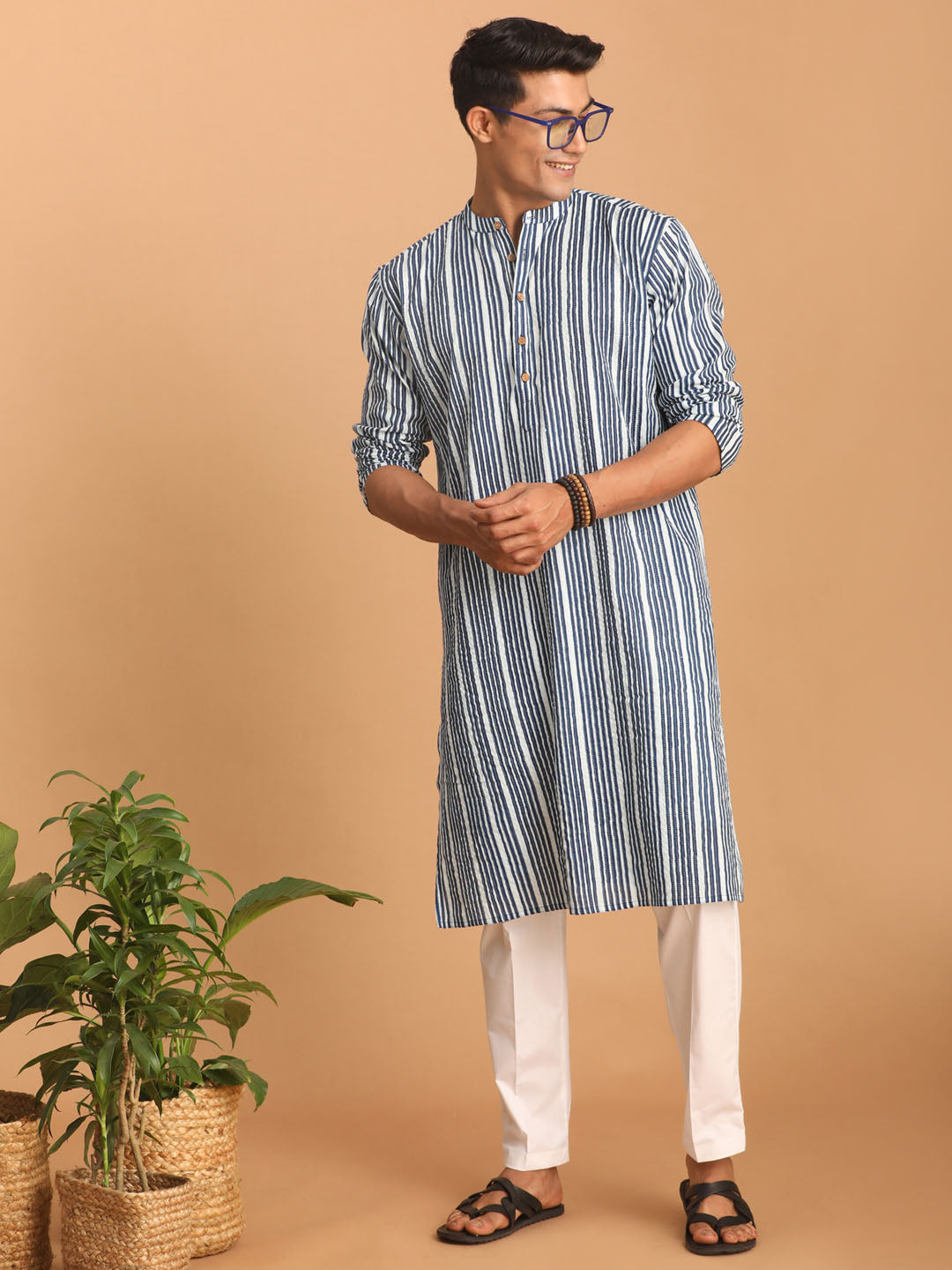 Men's Indigo Blue Cotton Straight Kurta Pyjama Set