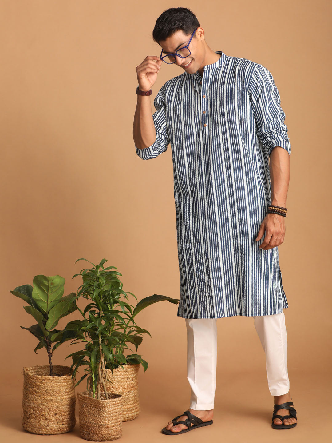 Men's Indigo Blue Cotton Straight Kurta Pyjama Set