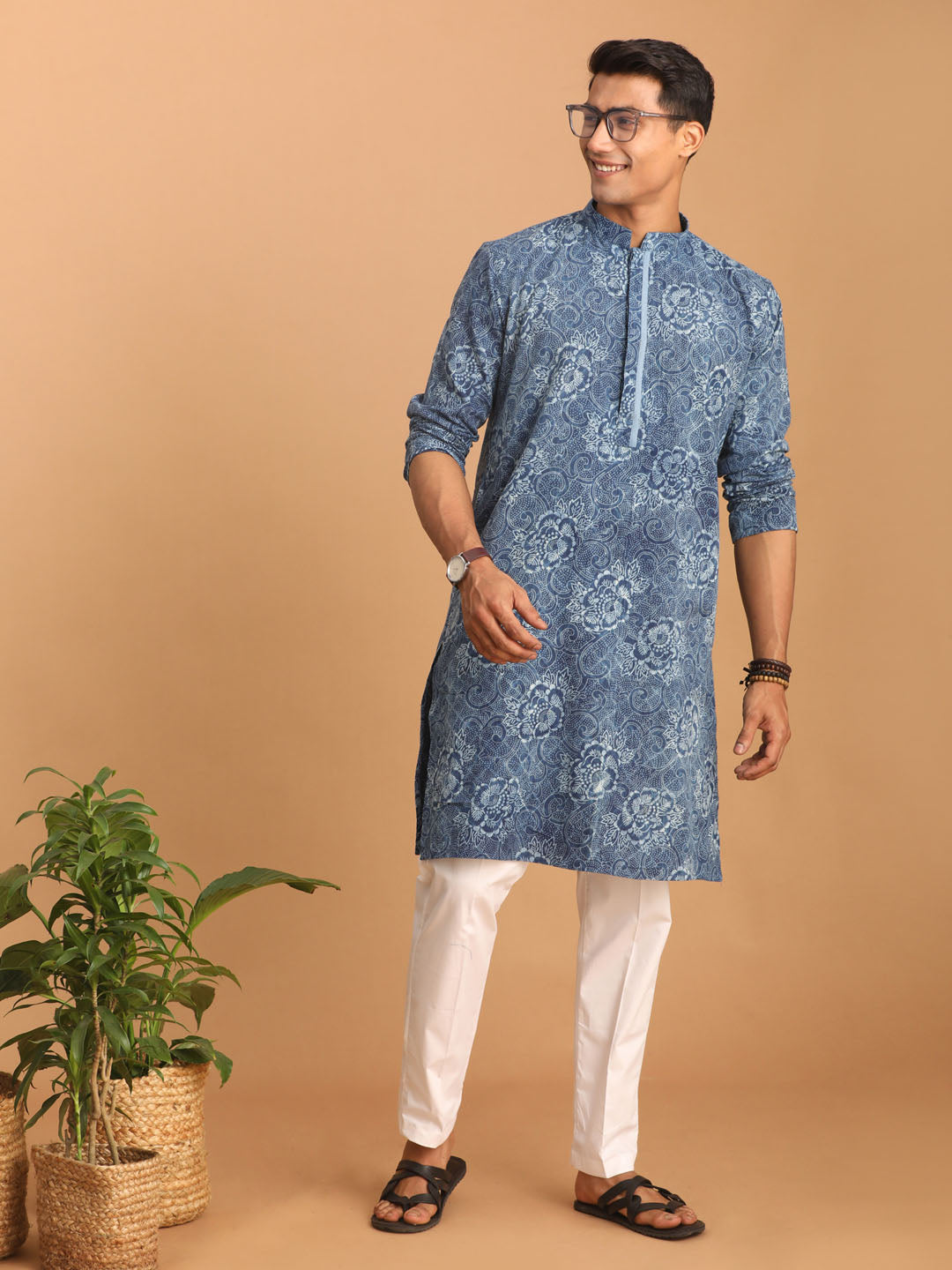 Men's Indigo Blue Cotton Straight Kurta Pyjama Set