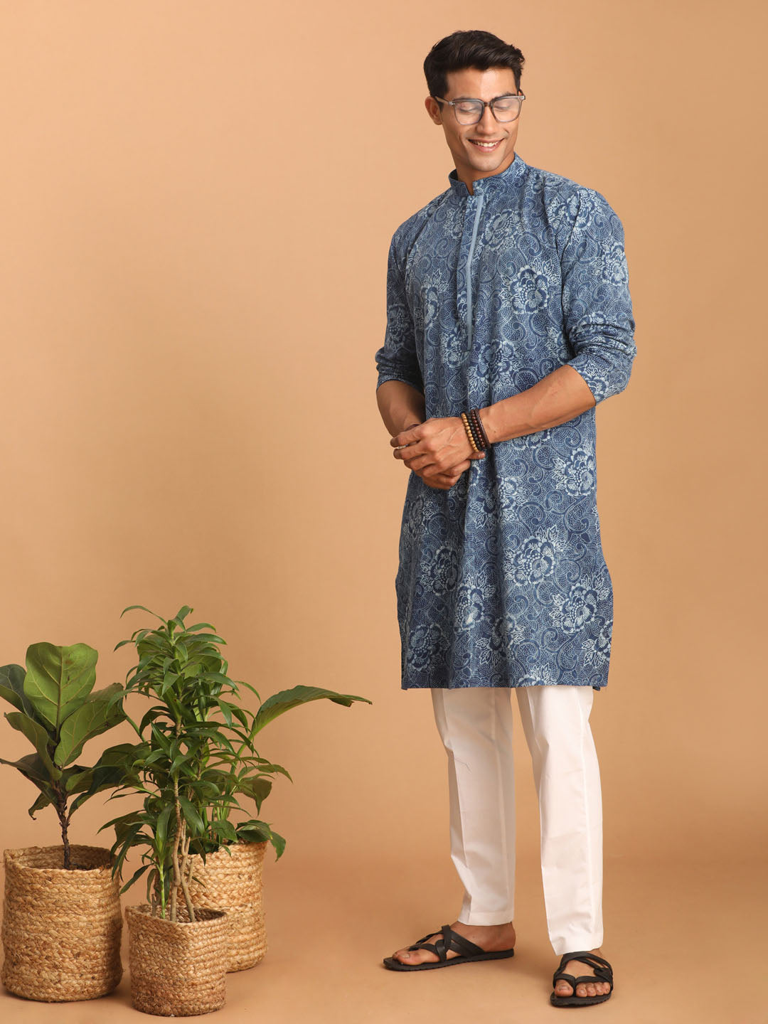 Men's Indigo Blue Cotton Straight Kurta Pyjama Set