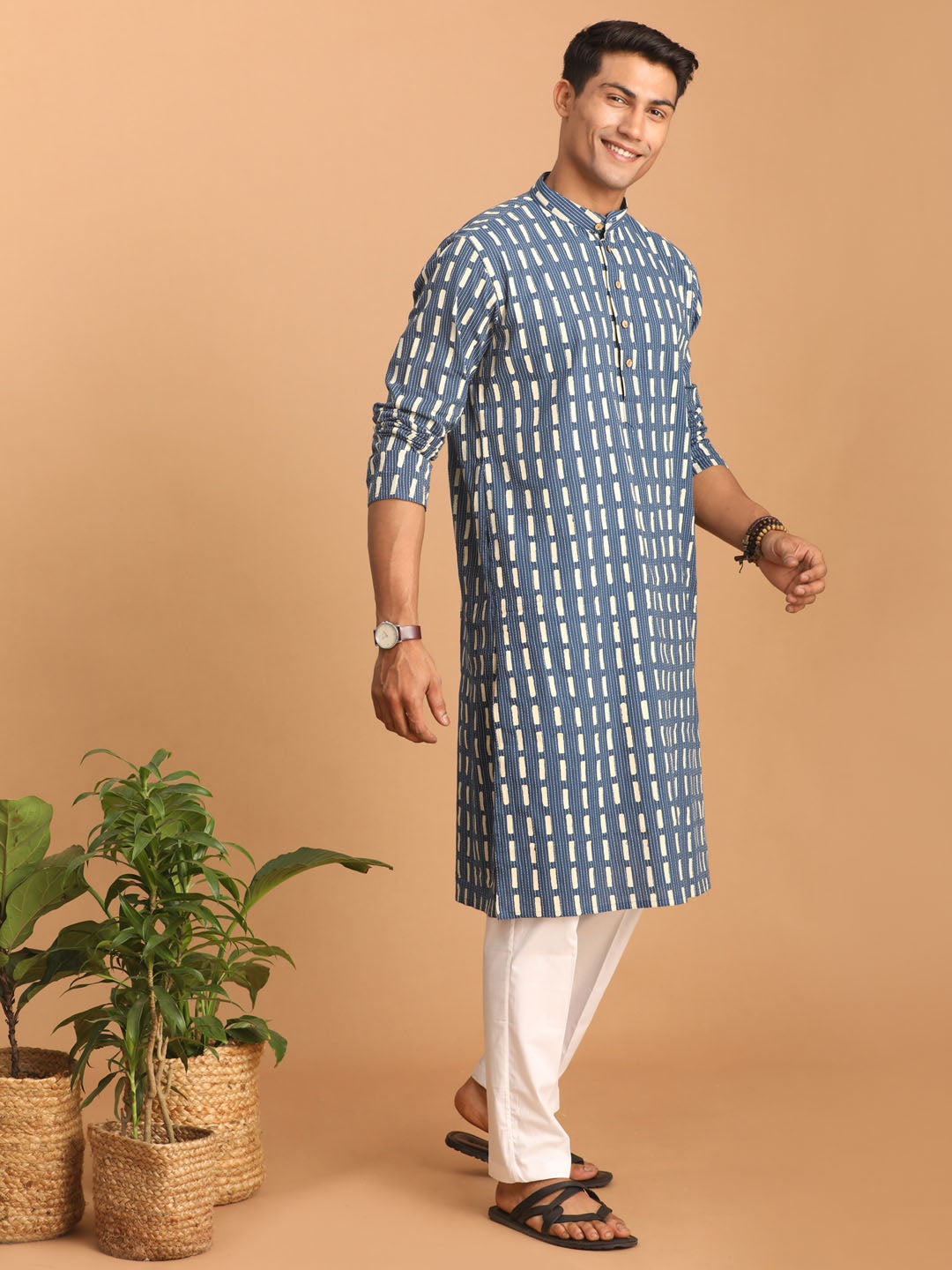 Men's Indigo Blue Cotton Straight Kurta Pyjama Set