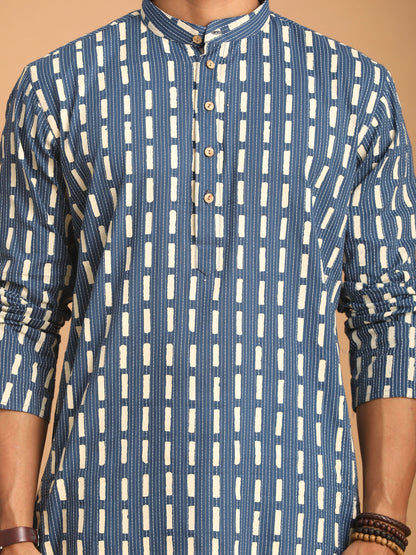 Men's Indigo Blue Cotton Straight Kurta Pyjama Set
