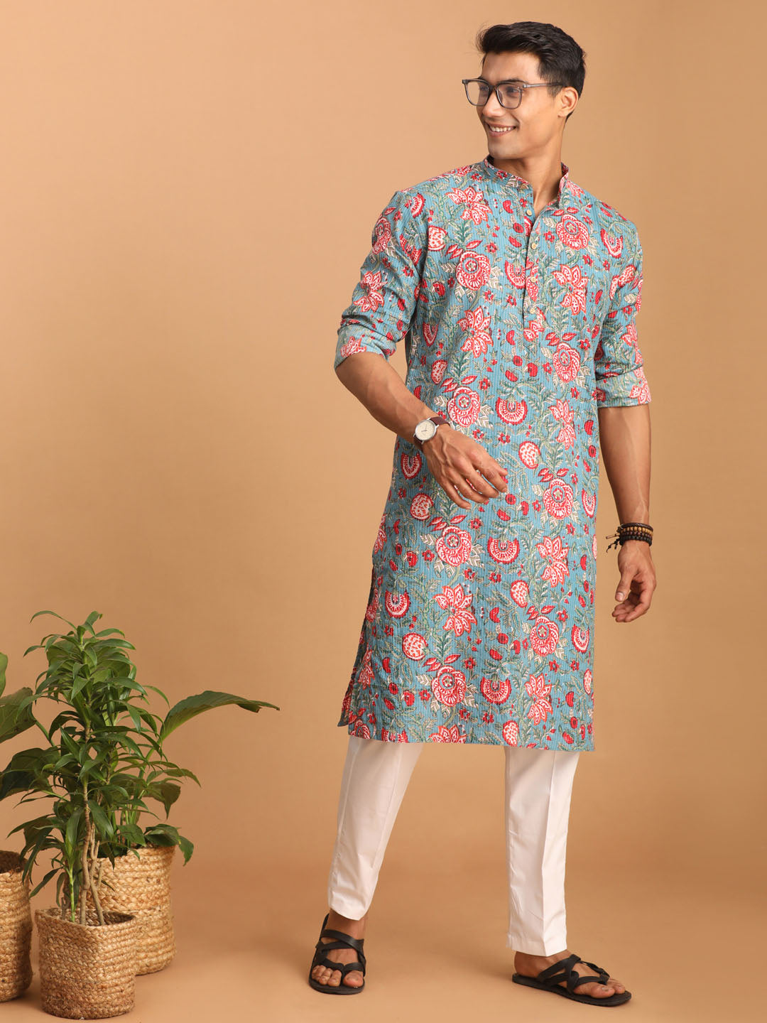 Men's Aqua Cotton Straight Kurta Pyjama Set