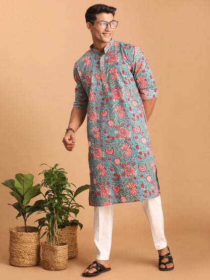 Men's Aqua Cotton Straight Kurta Pyjama Set