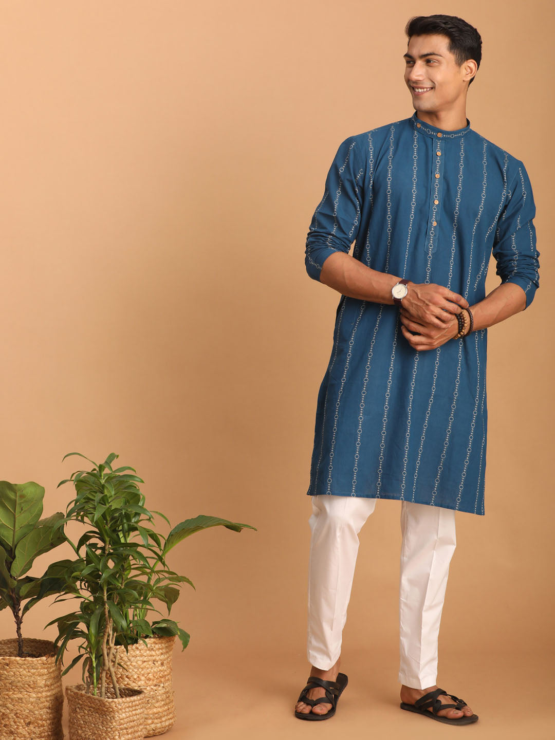 Men's Indigo Blue Cotton Straight Kurta Pyjama Set