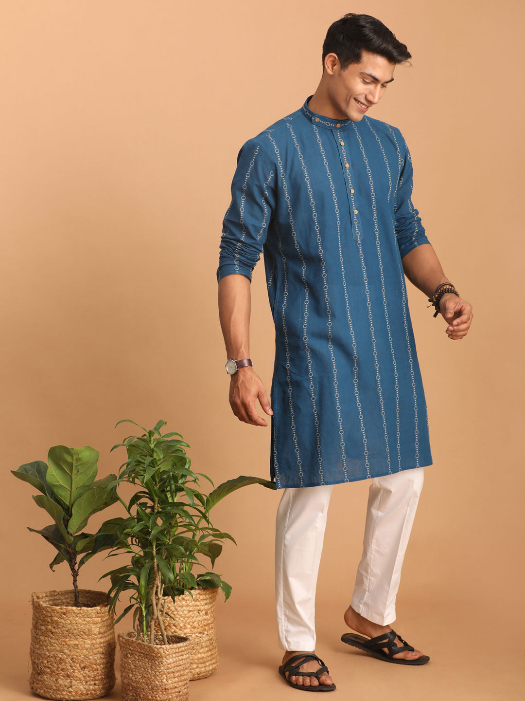 Men's Indigo Blue Cotton Straight Kurta Pyjama Set