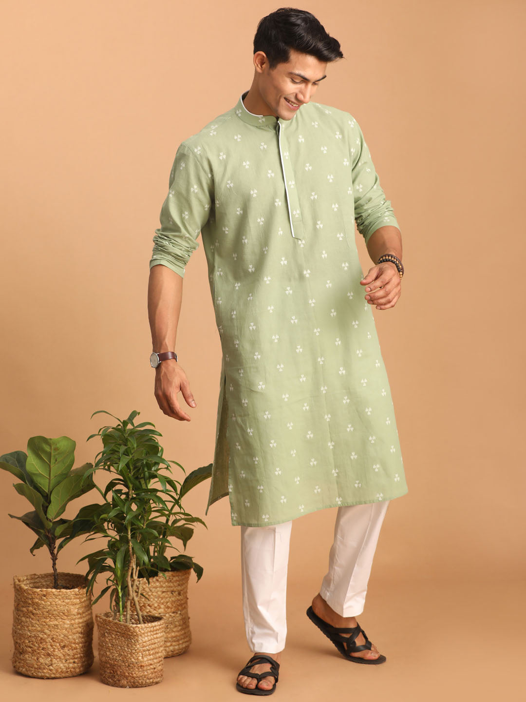 Men's Green Cotton Straight Kurta Pyjama Set