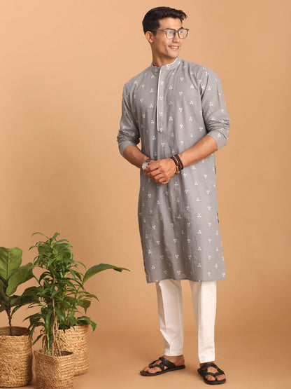 Men's Grey Cotton Straight Kurta Pyjama Set