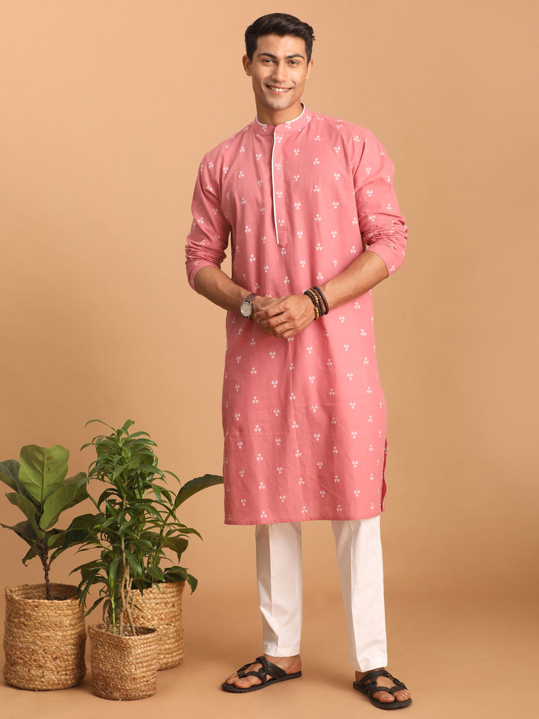 Men's Pink Cotton Straight Kurta Pyjama Set