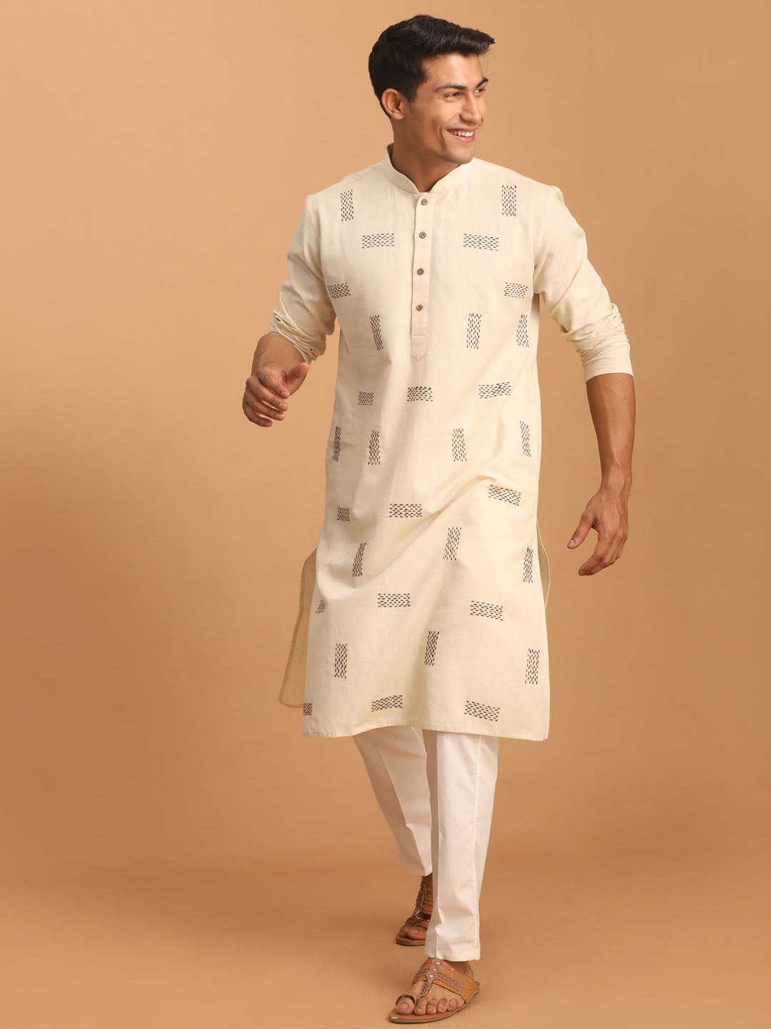 Men's Cream Cotton Straight Kurta Pyjama Set